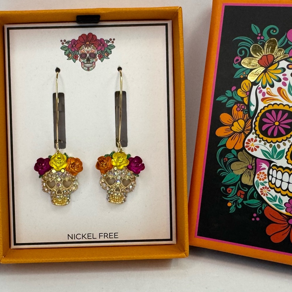 Colorful Sugar Skull Hoop Earrings with Floral Accents